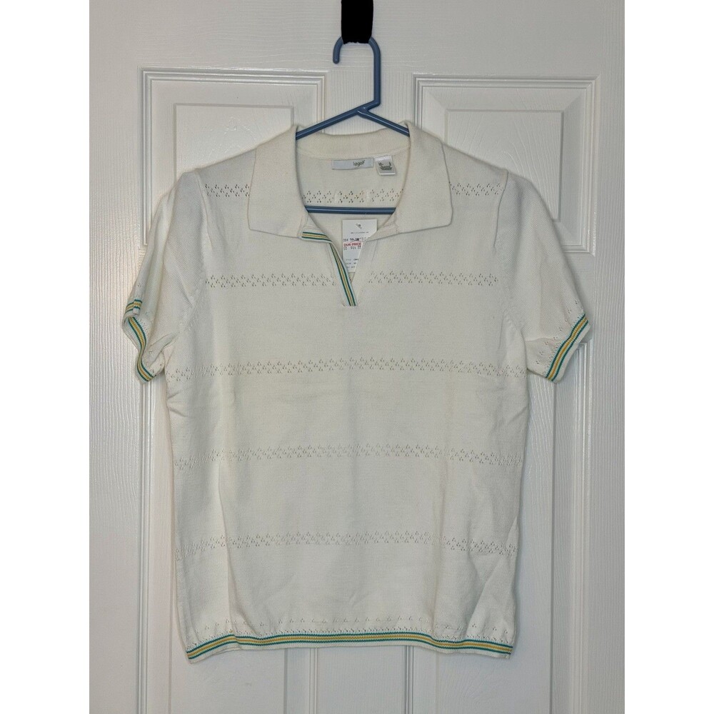 NEW Liz Claiborne Golf Cream Eyelet Striped Y2K Retro Knit Polo Top Womens LARGE